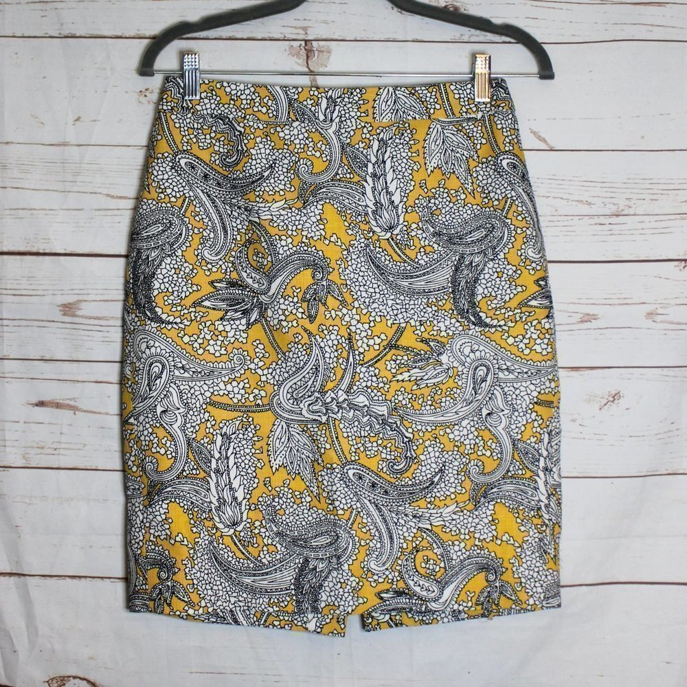 J. Crew Yellow Paisley Pencil Skirt‎ Size 2